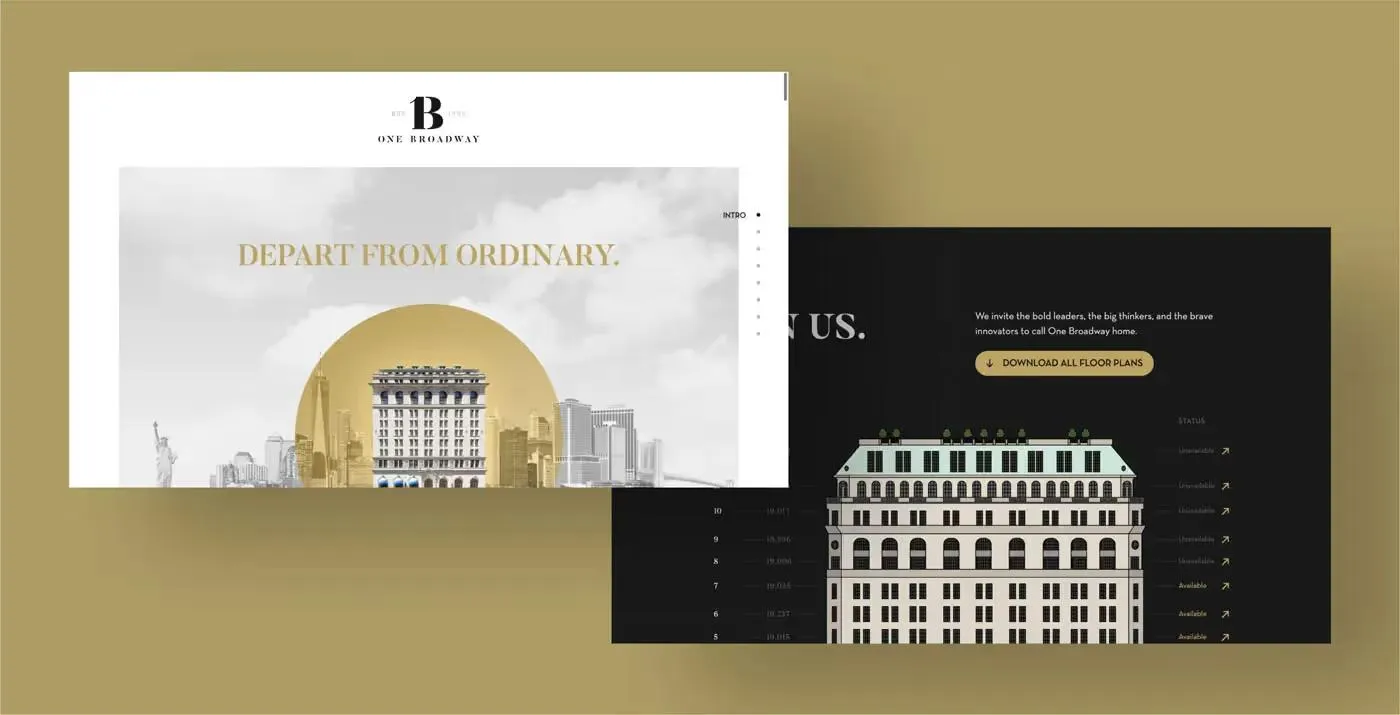 Website screenshot for One Broadway, a metropolitan real estate business