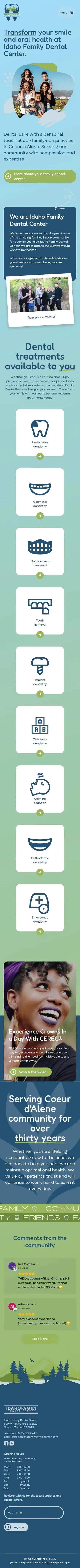 Mobile screenshot of the Idaho Family Dental Center website.