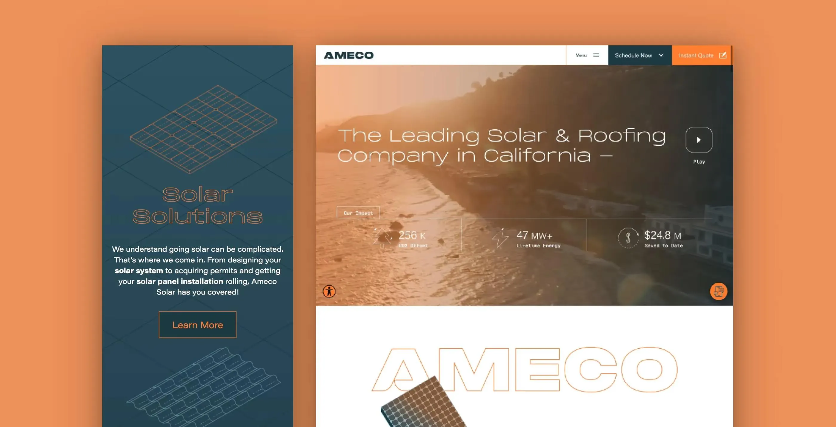 Website screenshot for Ameco Solar, a solar electricity provider