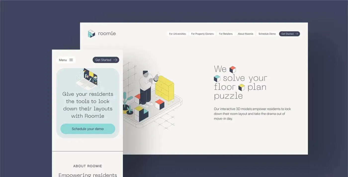 Website screenshot for Roomie, a 3D room planning app
