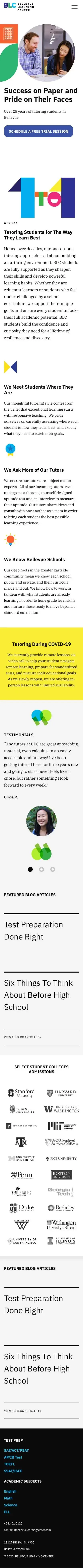 Mobile screenshot of the Bellevue Learning Center website.