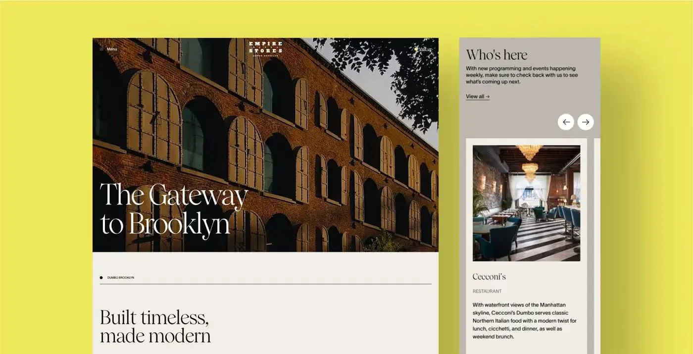 Website screenshot for Empire Stores, a commercial real estate business in DUMBO, New York