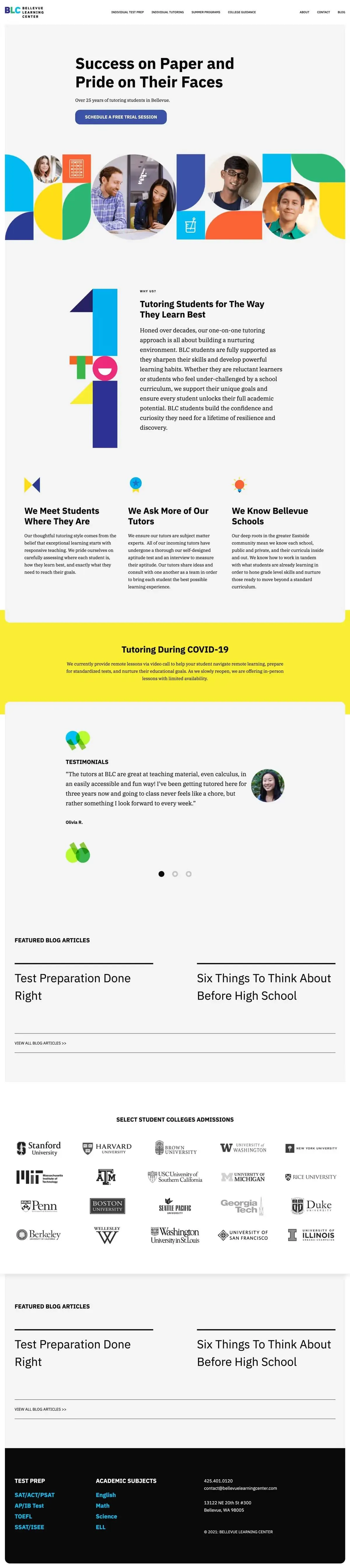 Desktop screenshot of the Bellevue Learning Center website.