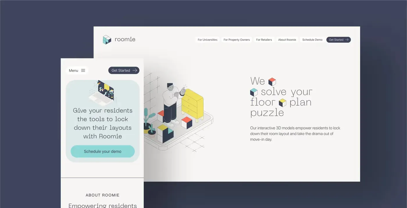 Website screenshot for Roomie, a 3D room planning app